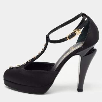 Pre Owned Chanel Black Satin Studded T-Strap Pumps Size 38