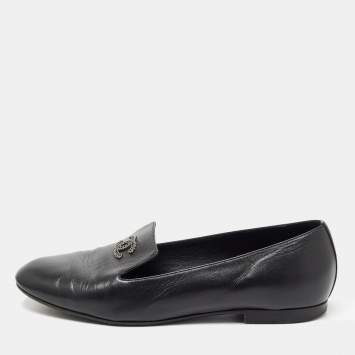 Pre Owned Chanel Black Leather CC Smoking Slippers Size 36