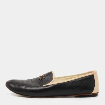 Pre Owned Chanel Black/Beige Leather CC Smoking Slippers Size 36.5