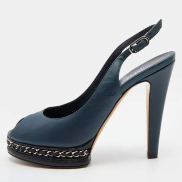 Pre Owned Chanel Dark Blue Leather CC Chain Link Peep Toe Platform Slingback Pumps Size 38.5