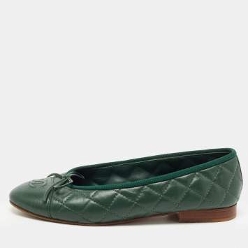 Pre Owned Chanel Green Quilted Leather CC Bow Ballet Flats Size 36.5 