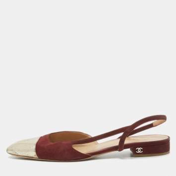Pre Owned Chanel Burgundy/Gold Suede and Leather Cap Toe Slingback Flats Size 41.5