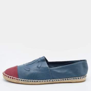 Pre Owned Chanel Blue/Red CC Cap Toe Espadrille Flats Size 38