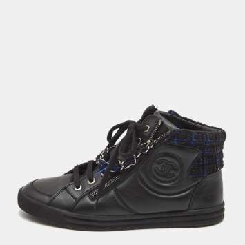 Pre Owned Chanel Black Leather CC Double Zip Accent High Top Sneakers Size 38 