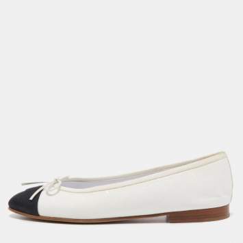 Pre Owned Chanel White/Black Glitter And Canvas CC Cap Toe Bow Ballet Flats Size 39.5