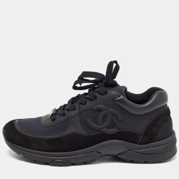 Pre Owned Chanel Black Leather and Suede CC Low Top Sneakers Size 37