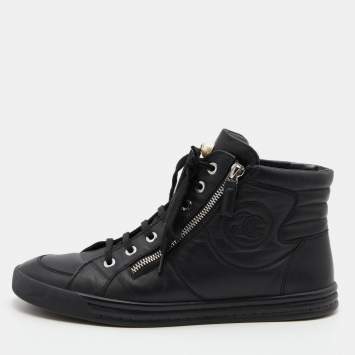 Pre Owned  Chanel Black Leather CC Double Zip Accent High Top Sneakers Size 40
