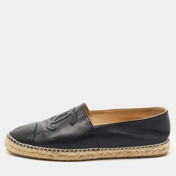 Pre Owned Chanel Black Leather CC Espadrille Flats Size 42