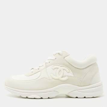 Pre Owned Chanel White Suede and Neoprene CC Low Top Sneakers Size 38.5