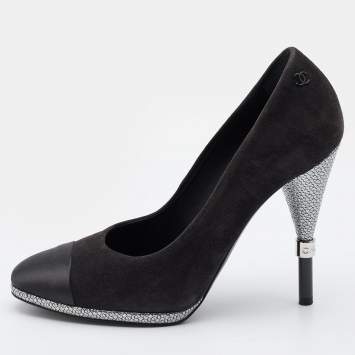 Pre Owned Chanel Black Suede and Satin Cap Toe CC Pumps Size 37.5