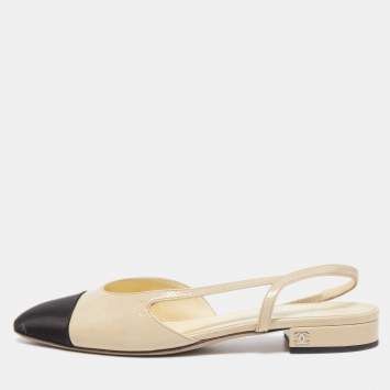 Pre Owned Chanel Cream/Black Satin and Patent CC Slingback Flats Size 38.5
