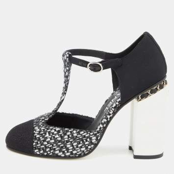 Pre Owned Chanel Black/Silver Woven Leather and Fabric T-Strap Pumps Size 39