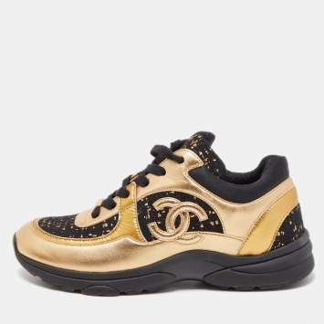 Pre Owned Chanel Black/Gold Tweed and Leather CC Sneakers Size 40