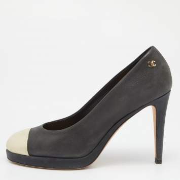 Pre Owned Chanel Black Nubuck Leather CC Platform Pumps Size 39.5
