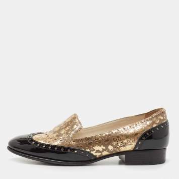 Pre Owned Chanel Black/Gold Brogue Patent and Printed Leather Slip On Loafers Size 37.5