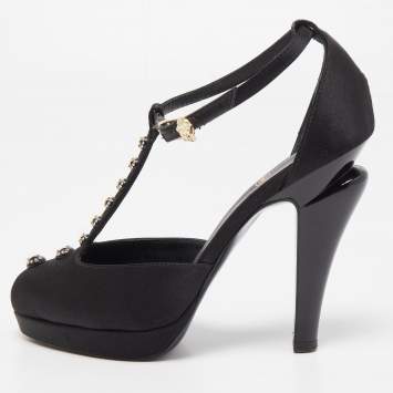 Pre Owned Chanel Black Satin Crystal Embellished T-Strap Platform Pumps Size 35.5