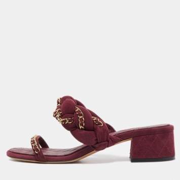 Pre Owned Chanel Burgundy Suede Chain Slide Sandals Size 40.5