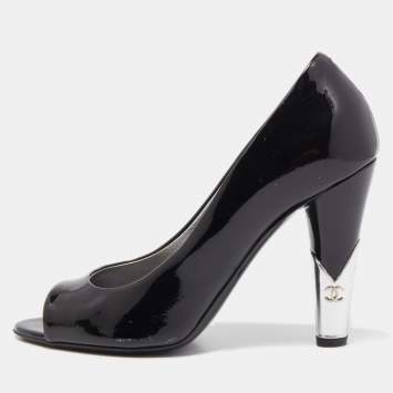 Pre Owned Chanel Black Patent Leather CC Peep Toe Pumps Size 36.5