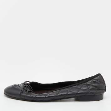 Pre Owned Chanel Black Quilted Leather CC Bow Ballet Flats Size 37.5