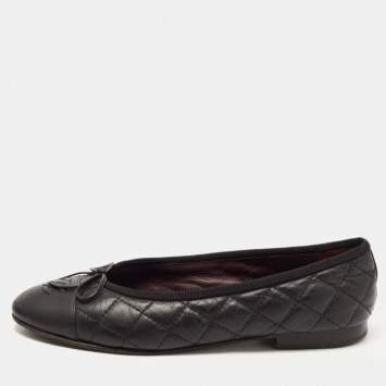 Pre Owned Chanel Black Quilted Leather CC Cap Toe Bow Ballet Flats Size 36.5