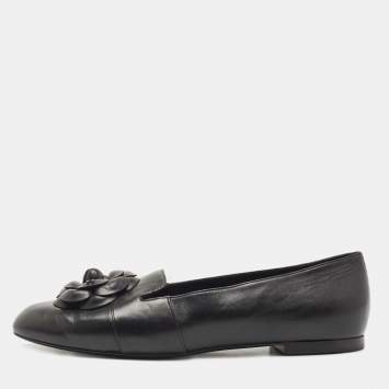 Pre Owned Chanel Black Leather Camellia Flower CC Slip On Smoking Slippers Size 42