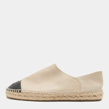Pre Owned Chanel Beige/Black Leather CC Cap Toe Espadrilles Flats Size 39