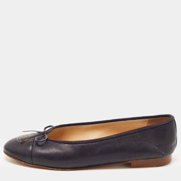 Pre Owned Chanel Dark Blue Caviar Leather CC Bow Ballet Flats Size 39.5