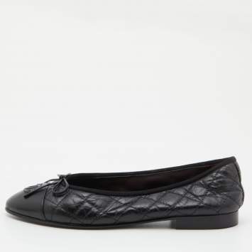 Pre Owned Chanel Black Leather Bow CC Cap Toe Ballet Flats Size 36.5