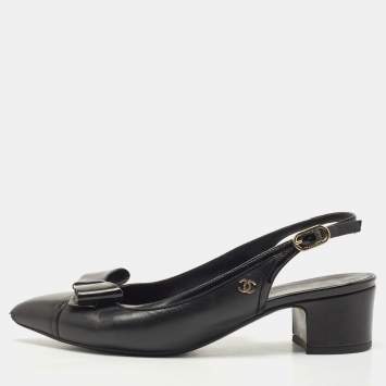 Pre Owned Chanel Black Leather Bow CC Slingback Pumps Size 36.5