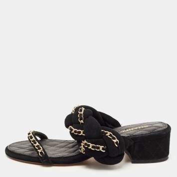 Pre Owned Chanel Black Suede Chain Embellished Slide Sandals Size 38