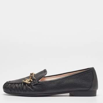 Pre Owned Chanel Black Leather Chain Detail Slip On Loafers Size 37