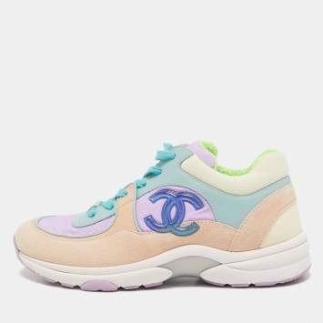 Pre Owned Chanel Multicolor Nylon, Leather and Suede CC Low Top Sneakers Size 37.5