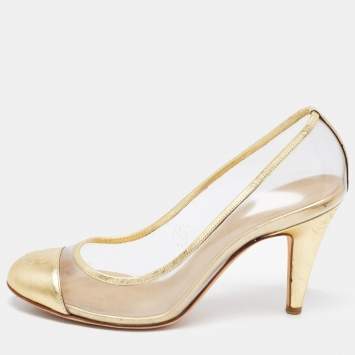 Pre Owned Chanel Gold Leather and PVC CC Pumps Size 37.5