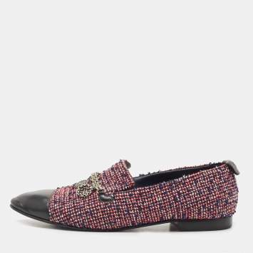 Pre Owned Chanel Tricolor Tweed and Leather Embellished CC Cap-Toe Smoking Slipper Size 40