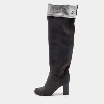 Pre Owned Chanel Grey Suede and Leather Knee Length Boots Size 38.5