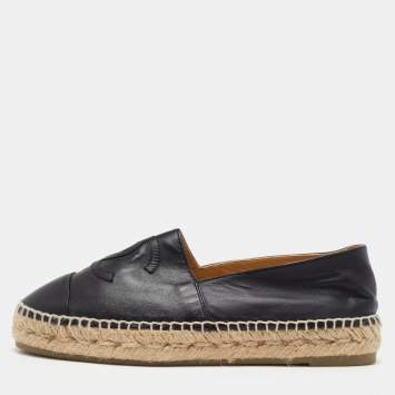 Pre Owned Chanel Black Leather CC Cap Toe Espadrille Flats Size 39