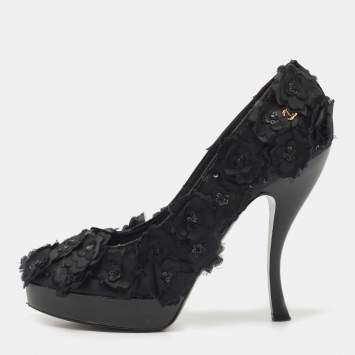 Pre Owned Chanel Black Fabric Organza Camellia CC Flower Platform Pump Size 40