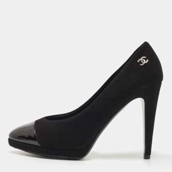 Pre Owned Chanel Black Suede and Patent Leather CC Platform Pumps Size 39