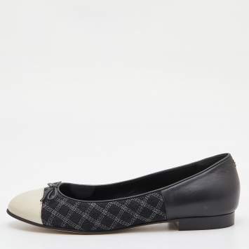 Pre Owned Chanel Black/Cream Quilted Canvas and Leather Bow Ballet Flats Size 39.5