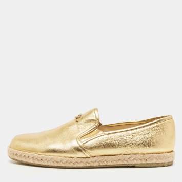 Pre Owned Chanel Metallic Gold Leather CC Slip On Espadrilles Flats Size 38