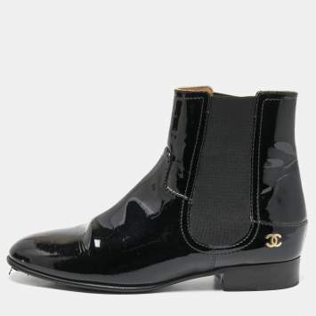 Pre Owned Chanel Black Patent Leather CC Chelsea Boots Size 39.5