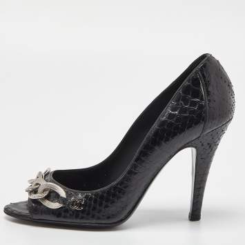 Pre Owned Chanel Black Python CC Chain Detail Peep Toe Pumps Size 37