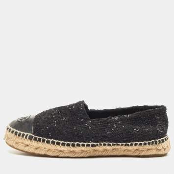 Pre Owned Chanel Black Sequin and Leather CC Cap Toe Espadrille Size 37
