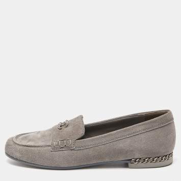 Pre Owned Chanel Grey Suede CC Chain Loafers Size 40