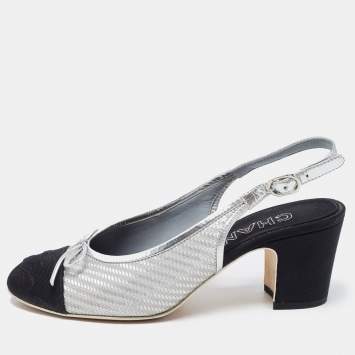 Pre Owned Chanel Silver/Black Canvas and Leather CC Slingback Pumps Size 36.5