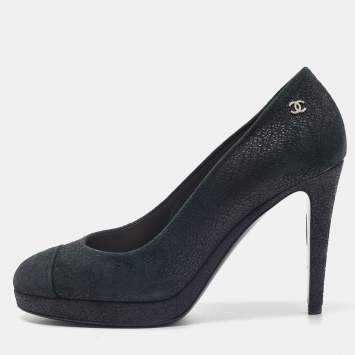 Pre Owned Chanel Black Suede CC Cap Toe Pumps Size 38.5