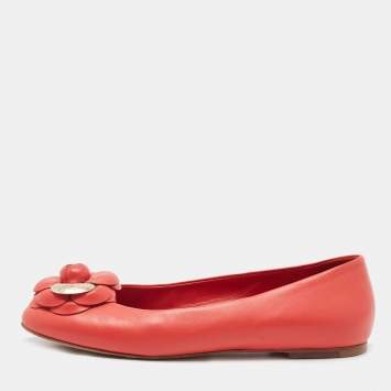 Pre Owned Chanel Red Leather Camelia Ballet Flats Size 37.5