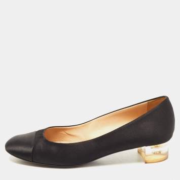 Pre Owned Chanel Black Satin Block Heel Pumps Size 37.5