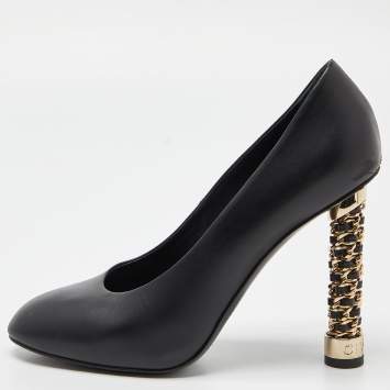 Pre Owned Chanel Black Leather Chain Detail Heel Pumps Size 39