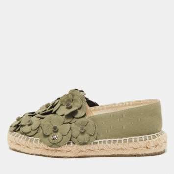 Pre Owned Chanel Olive Green Canvas CC Camelia Espadrille Flats Size 36